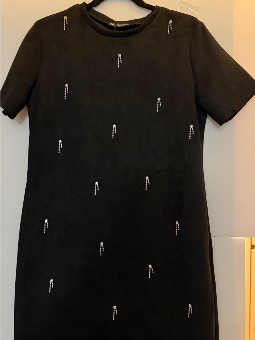 Zara Black Short-Sleeve Mini Dress with Crystal Accents